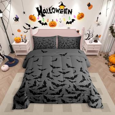 Imagem de Erosebridal Conjunto de edredom King gótico de Halloween com silhueta de morcego preto, para mulheres, homens e adultos, cinza assustador, decoração de animais de terror