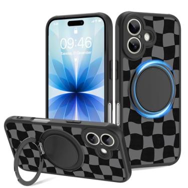 Imagem de Fiyart Capa projetada para iPhone 17 2025 suporte de anel quadriculado com suporte magnético compatível com proteção de lente de câmera MagSafe para mulheres e homens tabuleiro de xadrez 6,3 polegadas