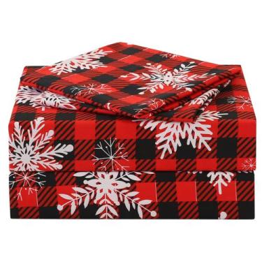 Imagem de Conjunto de lençóis JSD Red Buffalo Plaid Snowflakes Cal King 4 peças