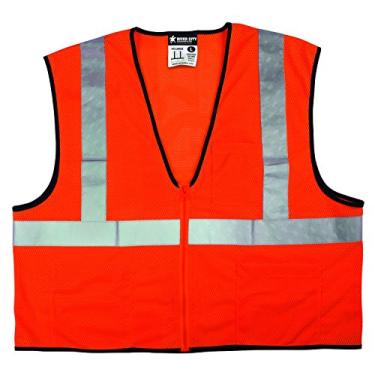 Imagem de MCR Safety Colete de segurança refletivo prata VCL2MOZX5 de 5 cm com malha de classe econômica 2, zíper frontal e 3 bolsos, 5GG, laranja
