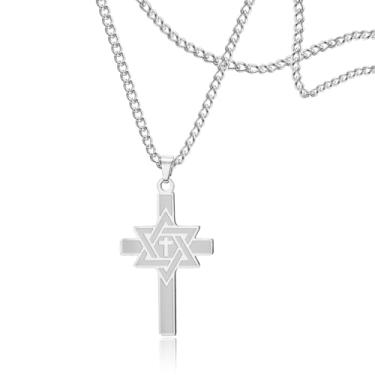 Imagem de SIPURIS Colar com cruz de estrela de Davi para homens e mulheres, pingente de cruz hexagrama, joia religiosa de Cristo, 0.98*1.65in, Aço inoxidável, Sem Pedra Preciosa