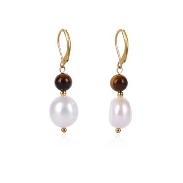 Imagem de TaYolnFaSo Brinco de pérola natural de água doce nas costas para mulheres, argola com contas de pedras preciosas, presente para esposa, namorada, filha, mãe, 38, Aço inoxidável, Pérola