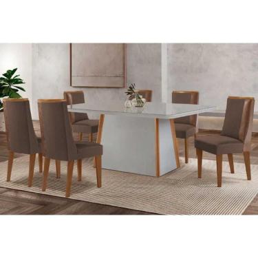 Imagem de Conjunto Sala de Jantar Tilia c/ Tampo Madeirado c/ Vidro Canto Curvo 180x90cm e 6 Cadeiras Tilia Madeira Maciça Naturale/Off White - Capuccino/Suede 