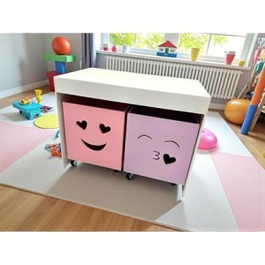 Imagem de Organizador de brinquedos caixa organizadora em MDF gaveta emoji coração feliz infantil com rodinhas (Lilás com rosa)