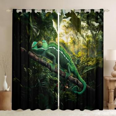 Imagem de jejeloiu Cortina escurecedora camaleão verde (2 painéis, 42 x 84 polegadas) Cortinas blackout lagarto para meninos meninas natureza animais selvagens para quarto, sala de estar, vida selvagem,