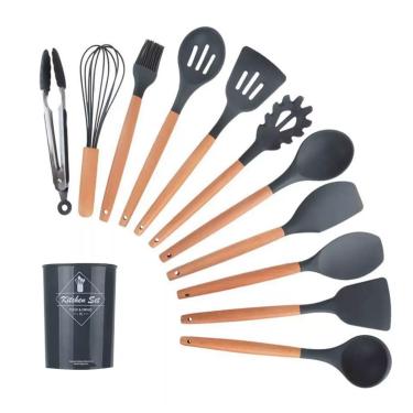 Imagem de Conjunto De Cozinha De Silicone Concha Pegador Espatula Preto e Cinza