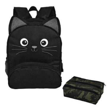 Imagem de Kit Mochila Escolar Infantil Gatinho Com Estojo Triplo Menino Menina P