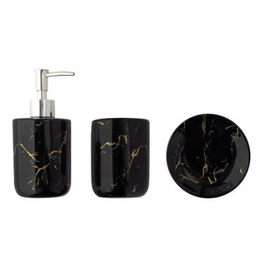 Imagem de Kit Banheiro Lavabo 3 Peças Marmorizado em Cerâmica – Saboneteira Dispenser e Porta Escovas Elegante Decorativo Premium (Marmorizado preto)