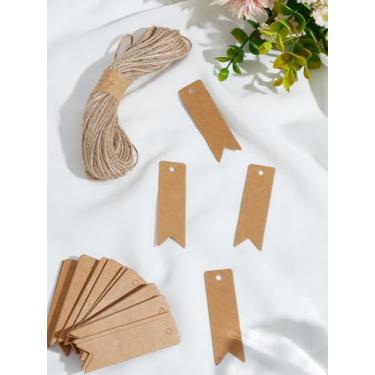 Imagem de 100 peças de etiquetas de presente de papel kraft em branco, etiquetas de presente de cauda de andorinha, etiquetas de pendurar marrons com barbante de juta para artesanato, negócios, casamento