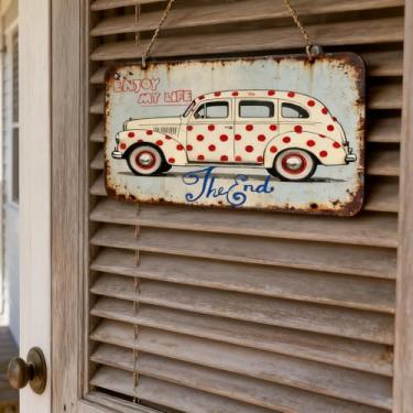 Imagem de 1 placa de lata vintage de bolinhas para carro - decoração de arte de parede de metal com texto "Enjoy My Life" e "The End", decoração de parede rústica para casa, bar, café, sala de estar, azul, 30 x