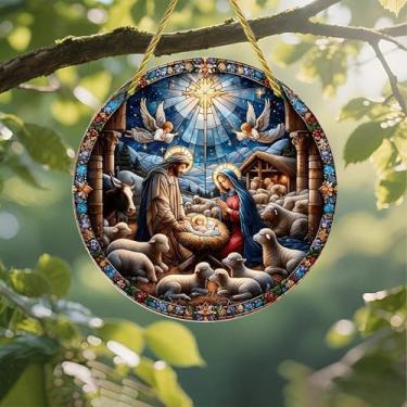 Imagem de Acrílico colorido Suncatcher, presépio vitral de 18 cm, decoração de parede de janela suspensa com design de vitral impresso, ideia de presente e ornamento de jardim, uso interno e externo