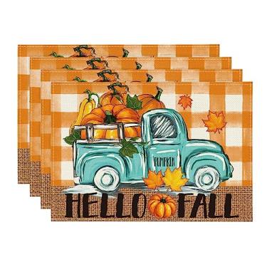 Imagem de Jogo americano xadrez laranja branco búfalo Hello Fall caminhão folha de bordo abóbora conjunto de 4, 30 x 45 cm tapetes de mesa de outono para decoração de festa cozinha e jantar