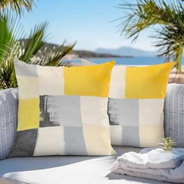 Imagem de Capas de almofada impermeáveis para ambientes externos, 45,7 x 45,7 cm, conjunto de 2 fronhas decorativas amarelas, cinza, arte moderna geométrica, abstrata, capa de almofada para sofá de pátio