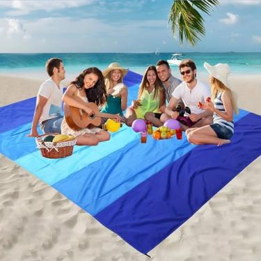 Imagem de Cobertor de praia impermeável e à prova de areia, tapete de praia grande e leve de 203 x 199 cm para 5 a 8 adultos com bolsos de canto e estacas, secagem rápida, cobertor portátil ao ar livre para