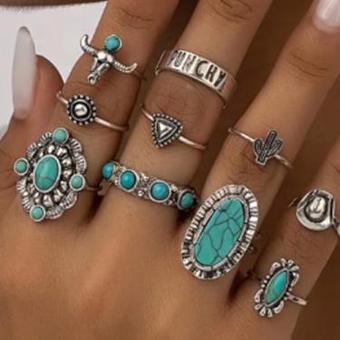 Imagem de Conjunto de anéis turquesa ocidentais para mulheres, conjunto de anéis vintage ocidentais, anéis boêmios, anéis empilháveis, coisas modernas, joias turquesa para mulheres