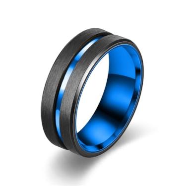 Imagem de Aliança de casamento de carboneto de tungstênio escovado com sulco central gravado azul - Anel de ajuste confortável para homens e mulheres, tamanhos 6-13, 11, Titânio, Sem pedra preciosa