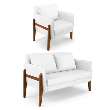 Imagem de Kit 1 Sofá Namoradeira E 1 Poltrona Lana Corino Base De Madeira - D'rossi Cor Branco