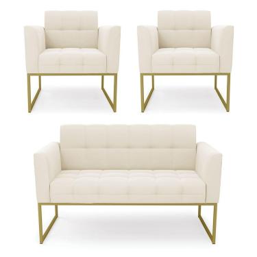 Imagem de Kit 1 Sofá Namoradeira E 2 Poltronas Elisa Veludo Bege Base Metálica Industrial Dourado - D'rossi