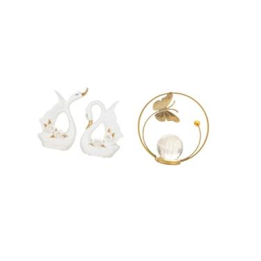 Imagem de Fenteer Conjunto Elegante de Estatuetas de Metal com Cisne de Cerâmica E Bola de Cristal para Estante, Armário, Corredor, Lareira, Quarto, Sala de Estar,