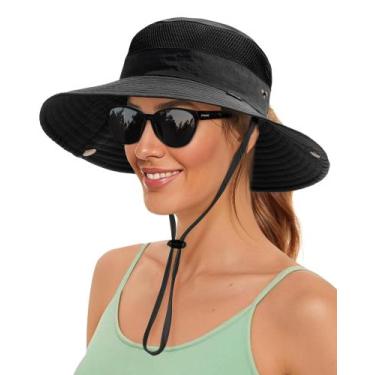 Imagem de Chapéu FURTALK de aba larga com proteção UV e buraco de rabo de cavalo