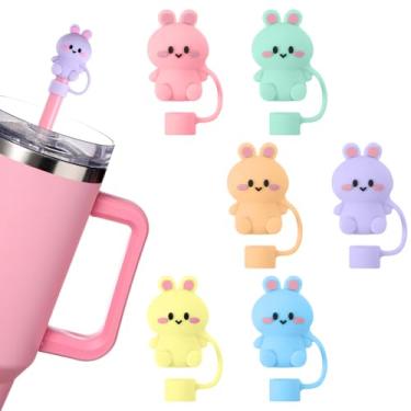 Imagem de Vesici Capa de palha de coelhinho de 6 peças, topos de coelho fofo macaron, capas de palha de silicone reutilizáveis de 10 mm para copo 30/1,134 g, acessórios engraçados de copo de Páscoa, presente de