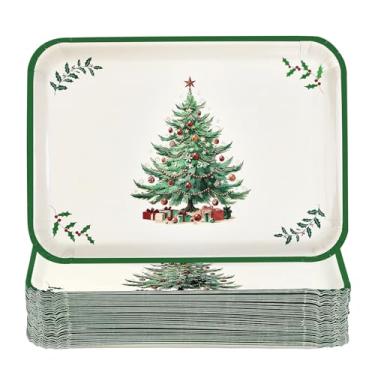 Imagem de 50 bandejas para servir de Natal, 25 x 35 cm, grande, resistente, árvore de Natal, folha de azevinho, pratos de papel para servir comida, biscoitos, sobremesa, festivais de inverno, artigos de festa