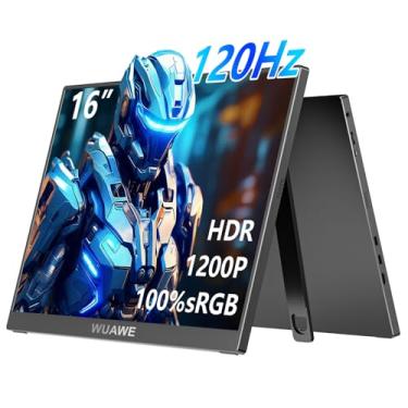 Imagem de WUAWE Monitor portátil de 16 polegadas 1200P 120Hz, 100% sRGB com suporte embutido, HDR e Freesync, USB C externo para laptop, PC, telefone, interruptor, Xbox e PS5 (preto)