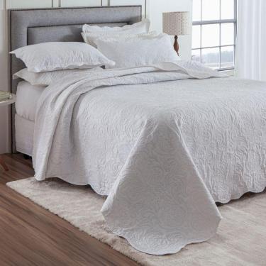 Imagem de Kit Cobre Leito Casal Classic Liso Ultrasonic + 2 Porta-travesseiros Floral Branco