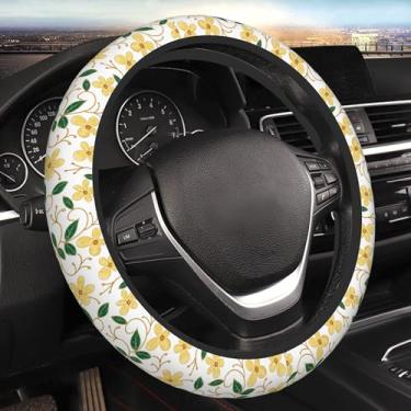 Imagem de Capa de volante de carro, flor amarela, protetor universal antiderrapante, 38 cm, acessórios elásticos para carros para homens e mulheres