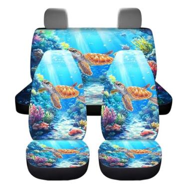 Imagem de Fipuivrn Capas de assento com estampa coral de tartaruga marinha para automóvel, fácil de limpar, proteção para assento dianteiro e traseiro, capas respiráveis para assento de carro, ajuste universal