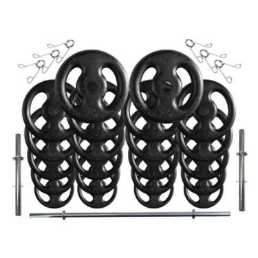 Imagem de Kit com 80 Kg de Anilhas Ferro Fundido + Barras de Supino e Halteres -