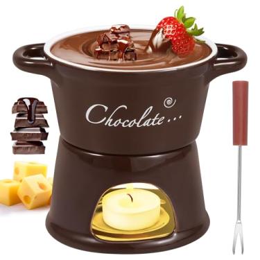 Imagem de Canecas de fondue de chocolate de 300 ml, panela de derretimento de fondue de cerâmica com 1 garfo Caneca de derretimento de chocolate removível de fácil limpeza, adequada para mergulhar queijo