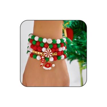 Imagem de WCRAZYE Pulseiras de Natal para mulheres, vermelho, verde, floco de neve, Papai Noel, árvore de Natal, pulseiras festivas com contas, pulseiras empilháveis elásticas da amizade, One Size, Miçangas