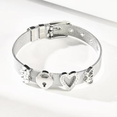 Imagem de Pulseira com pingente de coração e cadeado com zircônia cúbica, pulseira de relógio de aço inoxidável prata para mulheres, joia diária romântica ousada