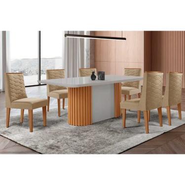 Imagem de Sala Jantar Mesa Pilar Curvo 180cm + 6 Cadeiras Dafne Madeira Naturale/Off White - Capuccino/Linho Bege - Rufato