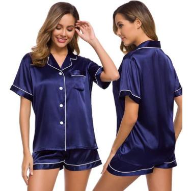 Imagem de Conjunto de pijamas femininos SWOMOG, seda, cetim, manga curta, azul m