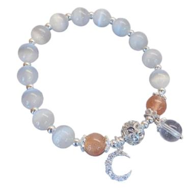 Imagem de Pulseira de contas de opala de olho de gato branco com pingente de lua prateada, pedras preciosas de cura de 8 mm para mulheres