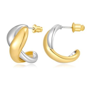 Imagem de MYCUTEY Brincos de argola de dois tons para mulheres, brincos de ouro e prata, Latão, Sem pedra preciosa