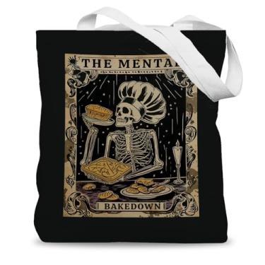 Imagem de LADOCK Sacola de esqueleto gótico de Halloween, sacola engraçada de lona de caveira gótica para mulheres, presentes para amantes de confeitaria, sacolas de compras de supermercado reutilizáveis Dark