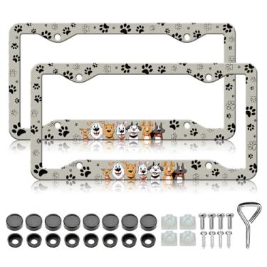 Imagem de Molduras de placa de licença com estampa de pata de cachorro fofo - pacote com 2 capas de suporte de placa de carro Deasign, moldura de etiqueta de carro à prova d'água de metal de alumínio à prova de