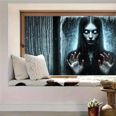 Imagem de HOMETITUTE Adesivo de janela de Halloween, fantasma assustador, menina com olhos azuis, horror, adesivo de janela estática para porta de vidro, decoração de janela de Halloween, decoração de casa