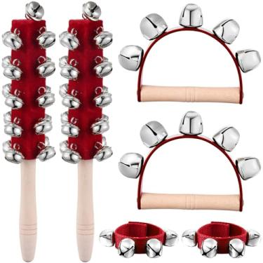 Imagem de 6 sinos de trenó de Natal, inclui 2 sinos de mão de madeira, 2 sinos de trenó e 2 sinos de pulseira para música de férias, presentes de aniversário, sinos prateados festivos para celebração de Natal