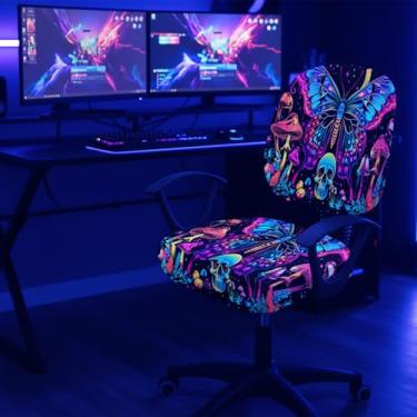 Imagem de Manicer Capa para cadeira de escritório Blacklight – Protetor de cadeira de mesa de caveira de terror reativo UV reativo brilhante no escuro cogumelo borboleta neon capa giratória para cadeira de