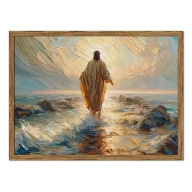 Imagem de Arte de parede Jesus andando na água, decoração de parede inspiradora cristã, impressões em tela da Bíblia religiosa, imagem de arte estética da fé milagrosa para sala de oração quarto 30 x 40 cm