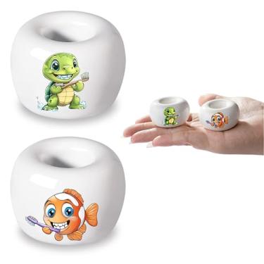 Imagem de 2 peças de suporte de escova de dentes de cerâmica, mini suporte de escova de dentes elegante DQELFA para organizadores de banheiro e bancada, branco (designs elegantes com tema mar)