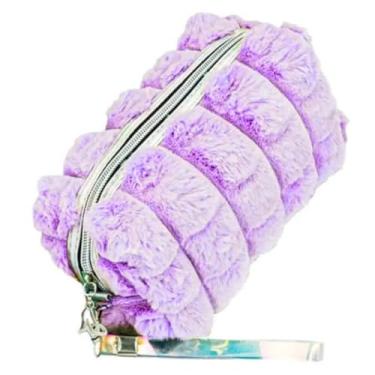 Imagem de Estojo Organizador Escolar Necessaire de Pelucia Pelinho Com Pompom Lilás