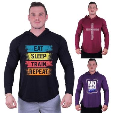 Imagem de Kit 3 Camisetas Manga Longa com Touca Longline Estampada Treino Academia Lazer Casual-Masculino