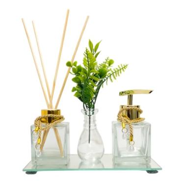Imagem de Kit Lavabo de Luxo com Vidro Cubo 100ml, Aromatizador e Saboneteira - Inclui Bandeja Espelhada, Vaso Decorativo e Varetas de Madeira
