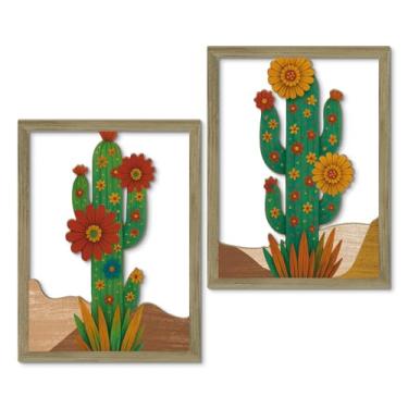 Imagem de Putuo Decor Conjunto de 2 arte de parede de cacto do sudoeste, painéis florais recortados em cores vibrantes e design rústico, decoração de casa country ocidental para sala de estar quarto, arte de