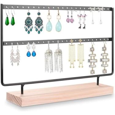 Imagem de BSNANCA Suporte organizador de joias, suporte de 2 camadas, organizador de brincos de orelha, suporte de exibição, árvore de metal, gancho de ferro com base de madeira (C branco) (C preto 2)